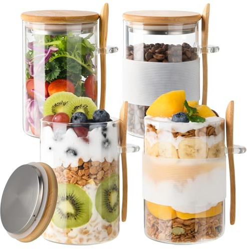 YBCPACK Overnight Oats - Juego de 4 tarros de cristal de 500 ml con tapa de bambú y cuchara, tarros de almacenamiento a prueba de fugas con anillo de silicona, vasos de cocina para cereales, yogur y