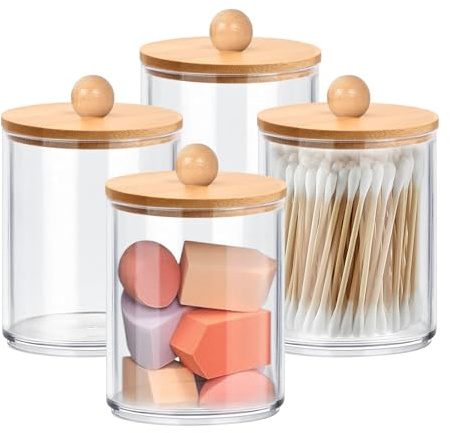 4PCS Cotton Bud Holder with Lids, 10 Oz Clear Acrylic Bathroom Jars | Dressing Table Organiser, Dispenser for Cotton Balls Pads Swabs, Apothecary Storage Container for Vanity Makeup Organizer