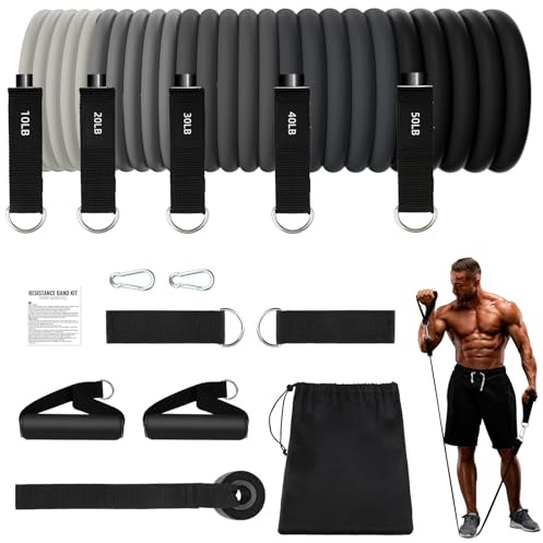 Elastici Fitness,5 Livelli Elastico Palestra,10–150lbs Elastici Palestra Set con Ancoraggio per Porta,Maniglie,Cinghia per Caviglia,Fasce Elastiche Fitness Bande Elastiche Fitness,Grigio
