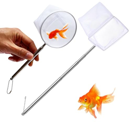 WUFKOP Set di 2 Retini per Acquario con Manico Telescopico in Acciaio, Retino Quadrato Grande e Rotondo Grande a Maglia Fine per Pesci Rossi, Laghetto, Accessori Acquario