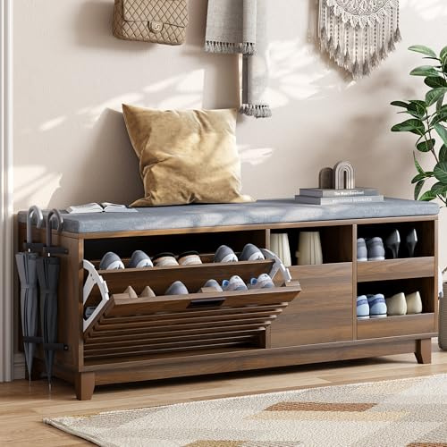 Loomie 47.2 Shoe Storage Bench with Flip Drawer, 2-Tier Entryway Bench with Padded Seat Cushion & 2 Pull-out Shelves & Semi-open storage, Shoe Rack Bench with Side Holder for Hallway,Bedroom (Walnut)