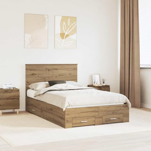 QJBSAVVA Bettrahmen Artisan-Eiche Doppelbett 200 x 138 x 100 cm Holzwerkstoff mit Stauraum und Lattenrost Modernes Design für Schlafzimmer und Gästezimmer