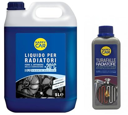 HappyCar Kit Turafalle 250 ml + Liquido Radiatore Blu -20°C/+121°C 5L - Sigillante Perdite Acqua e Refrigerante Antigelo Antiebollizione per Auto e Moto - Pronto all’Uso