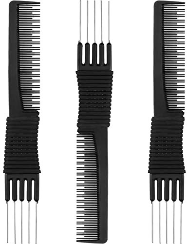 3 Pack Black Carbon Lift Teasing Combs with Metal Prong, Salon Teasing Back Combs, Black Carbon Comb with Stainless Steel Lift (Style A)