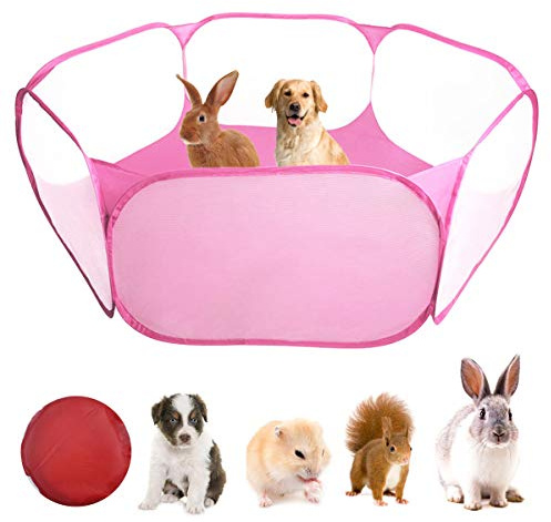 WEONE Cage pour Petits Animaux, Parc Portable Lapin, Tente Pop-up Transparente Animaux de Compagnie Extérieur/Intérieur Exercise Clôture pour Cobaye, Hamster, Chinchillas et Hérissons (Rose)