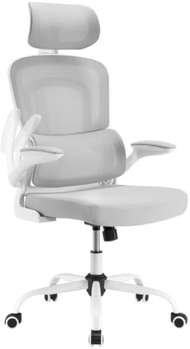 Farini Office Desk Chair with Flip-Up Armrest High Back Ergonomic Computer Chair with Adjustable Headrest and Lumbar Support Executive Swivel Chair for Home and Office,White and Gray