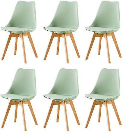 EGGREE Set med 6 matrumsstolar, skandinavisk design, SGS-testade, designstolar, med stoppning och ben i massivt trä, glassgrön