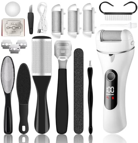 Hornhautentferner Elektrisch, Wiederaufladbares Elektrischer Hornhautentferner Set mit 3 Ersatzrollen und Hornhauthobel Diversem Zubehör, Zur Entfernung von Schwielen an den Füßen (Schwarz)