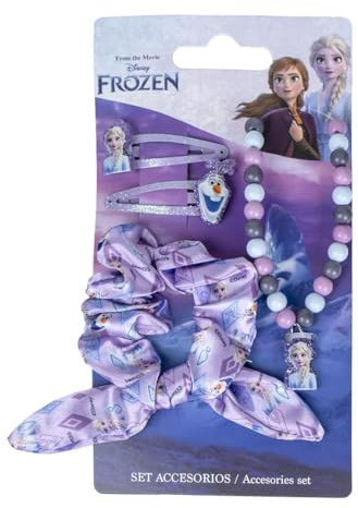 Set de Belleza de Frozen - Incluye 1 Coletero de Tela, 2 Horquillas y 1 Collar - Multicolor - Multicomposición - Diseño Inspirado en Elsa y Olaf - Producto Original Diseñado en España