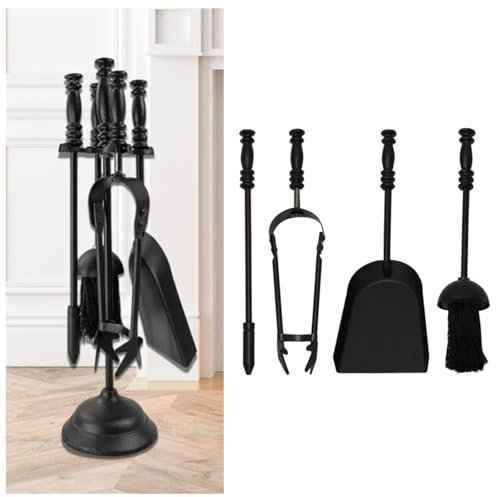 ADEPTNA 5-Piece Black Fireside Companion Set – Durable Cast Iron Fireplace Tools for Wood Burning Stove – Includes Stand with Poker, Brush, Tongs and Shovel – Complete Fireplace Tool Set