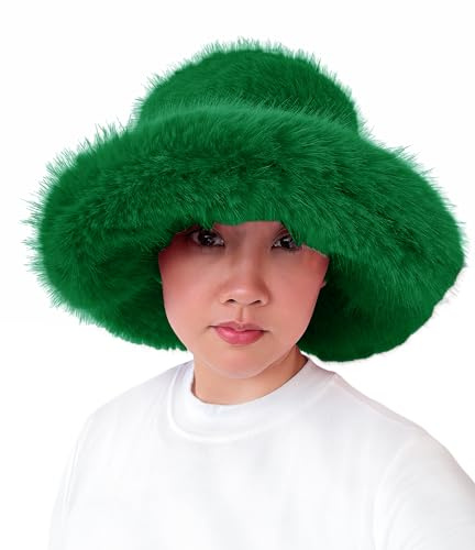 Lina & Lily Oversized Winter Faux Fur Bucket Hat for Women - Long Pile Fur Wide Moldable Brim (Emerald Green)