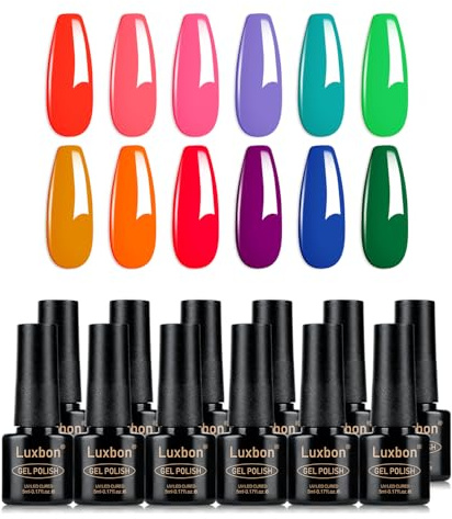 Luxbon 12 pcs Gel Nail Polish Set - Summer Vibrant Colour Set Long Lasting Gel Polish, uv led Soak Off Nail Art Designs Manicure Kit 006
