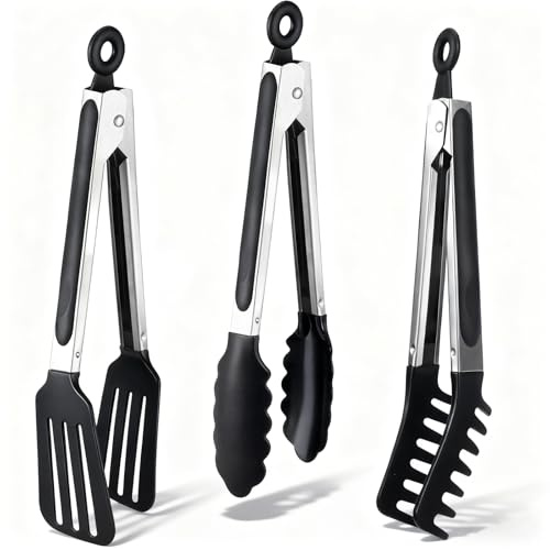 Pinzas Cocina, 3 Piezas 27 cm Pinzas Cocina Silicona de Acero Inoxidable con Soporte Pinzas Barbacoa, Pinzas Cocina Silicona Sin BPA,para Pasta, Ensalada