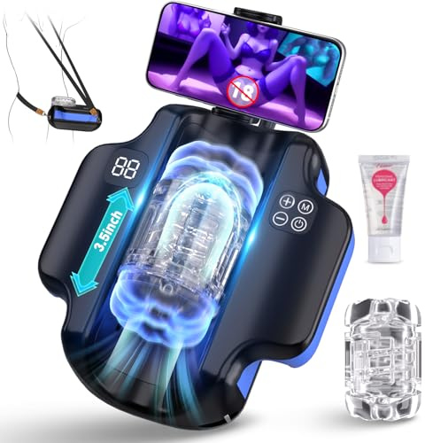 Automatic Male Masturbator Sex Toys - Hands Free Pocket Pussy with 9 Thrusting Integrated Handle Blowjob Machine Stroker with Wearable Strap & Adjustable Phone Holder & Dual Sleeves for Men Pleasure