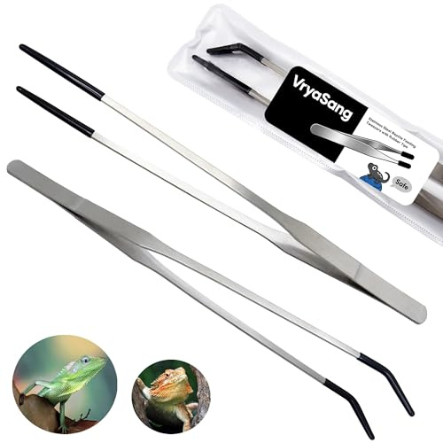 2 PCS Long 10.6 Stainless Steel Reptile Feeding Tongs with Rubber Tip, Straight & Curved Tweezers for Aquariums & Crafts, Feeder Tools for Bearded Dragon, Lizards Snake, Terrarium Supplies (Silver)