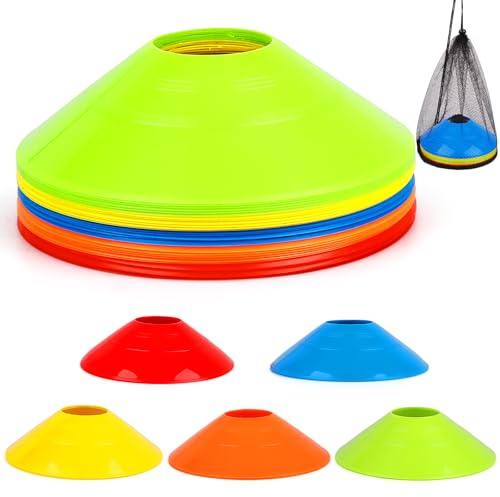 Dawumin 30 Conos de Entrenamiento Fútbol con Bolsa, Conos Deportivos 5 Colores, Conos de Señalización Flexibles para Slalom, Agilidad, Coordinación, Hockey, Rugby y Entrenamiento Deportivo | Apilable y repetible
