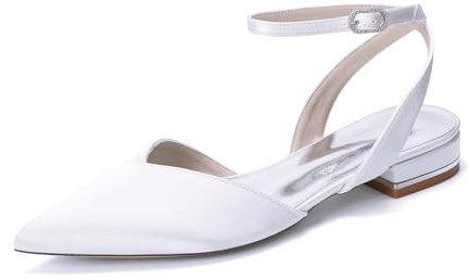 TNMIUH Scarpe da Sposa Donna Basse in Raso Avorio, Slingback Bianco Punta Ballerine Eleganti con Cinturino alla Caviglia e Fibbia di Strass Décolleté per Cerimonia e Sera,Bianca,40 EU