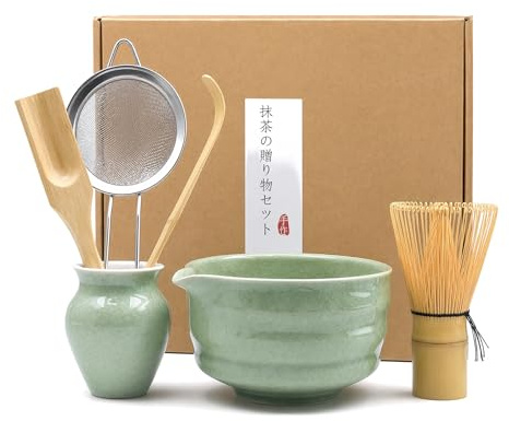 Set da 6 pezzi per tè Matcha con frusta Matcha, setaccio in acciaio inox, ciotola per matcha, 2 cucchiai Matcha, supporto per scopa in ceramica, accessori per matcha, kit regalo per gli amanti del