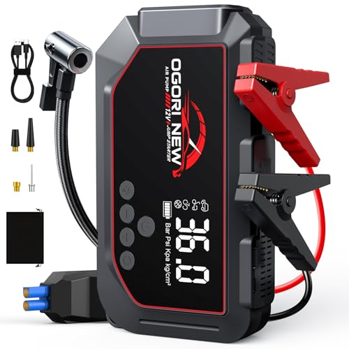 Arrancador de Baterias de Coche 8000A,Arrancador de Coches con Compresor de Aire 150PSI, 12V Arrancador Coche para Vehículo (10L Gasolina/8L Diésel),Jump Starter con Pantalla LCD,Linterna LED