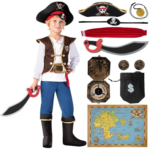 Spooktacular Creations Halloween Pirate Costume Kids, Blue Boys Pirate Costume Deluxe Set with Accessories for Toddler Halloween DressUp, Themed Party (Medium, 8-10 yrs)