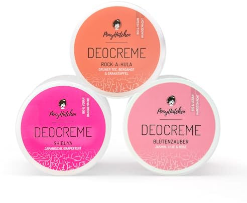 PonyHütchen - Deocreme Sparset 3x50 ml - Feste Deocreme vegan, ohne Aluminiumsalze & Tierversuche - Unisex Antitranspirant Naturkosmetik handgemacht mit Bio-Zutaten - Ideal für Handgepäck