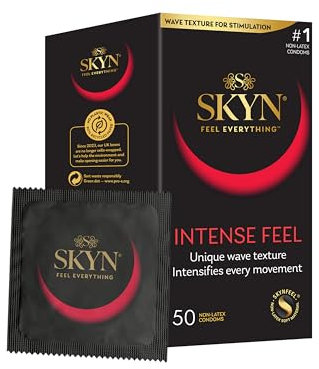 SKYN Intense Feel Kondome 50 Stück – Skynfeel Latexfrei für Männer, normale Größe, dünne, gerippte und gepunktete gerade Form, 53 mm breit