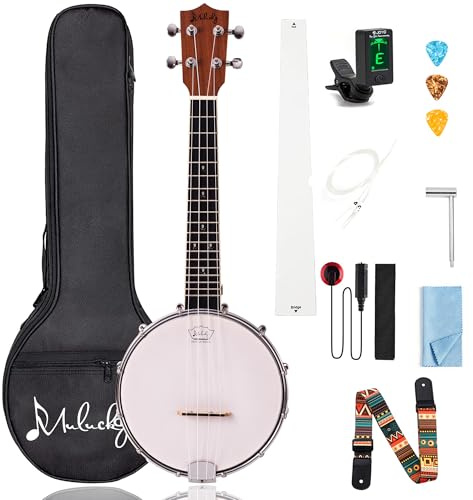 Mulucky 4-String Banjo Ukulele | Banjolele 23 Sapele Wood with Remo Head & Nylon Strings | Dark Brown Travel Kit (Bag, Tuner, Picks) - MBU-808