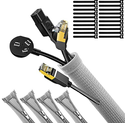 UPXDUMI Cable Tidy Zip Sleeve for PC/TV, 20mm - 2.4m Desk Cable Management Organisers, Wire Tidy Loom Tube Cord Cover Protector with Reusable Cable Ties for Home, Office, 2*(50CM+70CM), Grey Silver