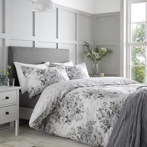 Catherine Lansfield Elinda Floral Reversible King Duvet Cover Set with Pillowcases Grey