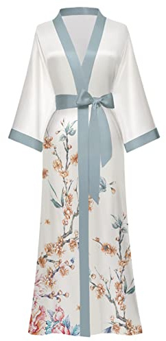 Moreone Robe kimono longue en soie pour femme - Imprimé floral - Robe de nuit soyeuse - Robe de nuit de Noël - Robe de mariée, 80-blanc, One Size