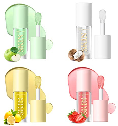 Mrettick- Aceite para labios voluminizador, 4 paquetes, aceite hidratante para labios, brillo labial con extracto de frutas, bálsamo labial hidratante y tinte