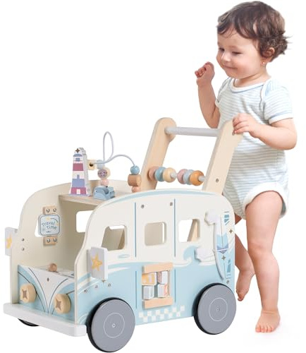 ROBOTIME Wooden Baby Walker, Baby Push Walker, Baby Activity Center Toys, Ajustable Speed Multi-Functional Baby Walker with Wheels for Boys and Girls(Vacation Bus)