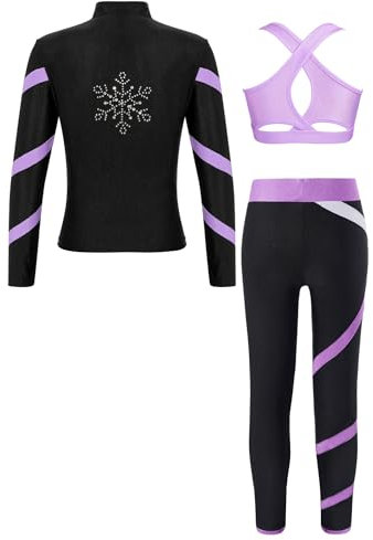 iiniim Kinder Mädchen Trainingsanzug Sportanzug Eiskunstlauf Jacke + Sport BH Tops + Hose Leggings Sport Set Eiskunstlauf Anzug Tanzkleidung Lavendel 134-140