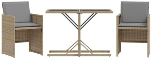 vidaXL Ensemble de Bistro avec Coussins 3 pcs, Table et Chaises de Patio, Ensemble de Meuble, Mobilier de Jardin, Mélange Beige Résine Tressée
