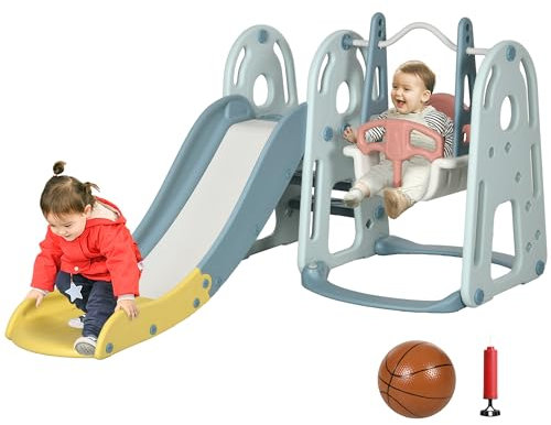 HOMCOM Set da Gioco 5 Anni Max Con Altalena, Scivolo, Canestro Basket e Scaletta per Bambini, in HDPE e PP, 150x190x100 cm, Multicolore