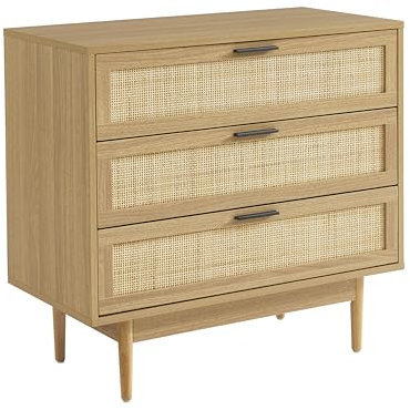 BAÏTA Commode Amana Effet chêne et cannage rotin 3 tiroirs 80cm