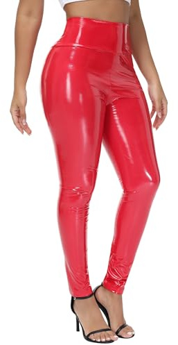 NewL Leggings de Piel sintética con Efecto Espejo para Mujer, Reflectantes, elásticos, Ajustados, Cintura Alta, Ajustados, Rosso, M Delgada