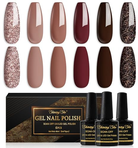 Shining She Smalti Semipermanenti per Unghie Gel UV/LED, 6 Colori Autunno Inverno Rosso Scuro Marrone Glitter Smalto Semipermanente Unghie per Principiante Nail Art,8ML