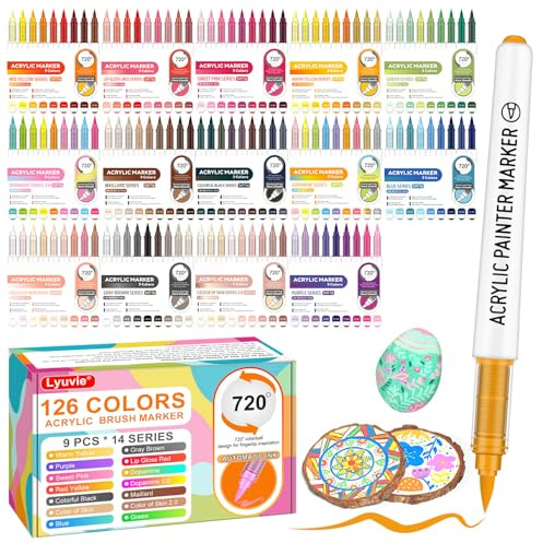 Lyuvie 126 Couleurs Feutres Acrylique, 1-6mm Marqueur Peinture Acrylique Stylo Pointe Pinceau - Acrylic Paint Marker à Base D'eau pour Pierres, Papier, Tissus,Bois, Cailloux,Verre et Plastique
