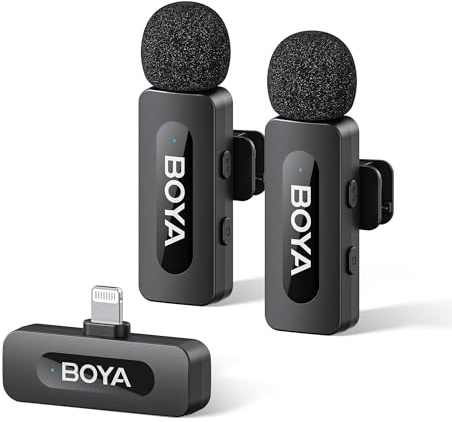 BOYA by-V2 Micro sans Fil pour iPhone, Mini Micro Lightning, 48 kHz/16 Bits, TX 9 h, Suppression du Bruit, Micro Cravate, Mode Muet, Clip 360° sur Micro Podcast pour Enregistrement Vidéo