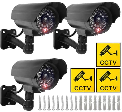 Sporgo Caméra Factice 3 Pièces: Caméra de Surveillance Factice Extérieur avec Lumière LED Rouge Clignotant, Atrappe Caméra de Surveillance Fausse Caméra de Sécurité pour Intérieur et Extérieur (Noir)