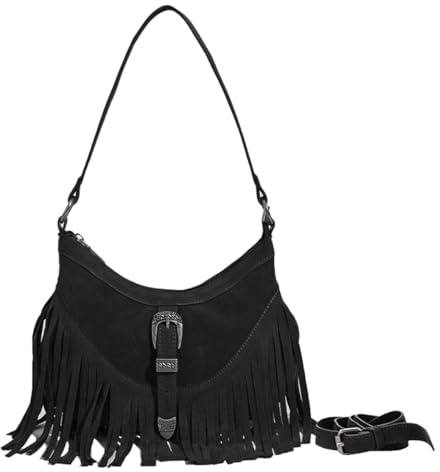 Sunwel Fashion Sac à bandoulière western à petites franges pour femme - En daim végétalien - Style hippie - Avec pompon, noir