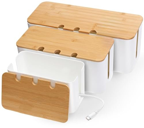 YADOBIG 3 Stück Kabelbox, Kabel Organizer Box, mit Gelochtem Holzdeckel, Kabelmanagement Box zum Verstecken von Steckdosen und Kabeln, Drei Größen, Groß, Mittel und Klein, Weiß