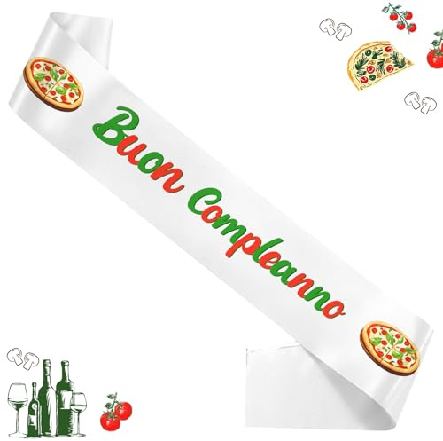 Funmemoir Décorations de fête italienne – Écharpe Buon Compleanno – Décorations de fête d'anniversaire italienne sur le thème de la pizza italienne – Écharpe d'épaule pour anniversaire, fête prénatale