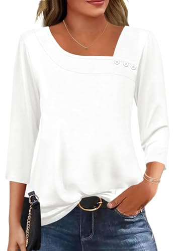 Kistore Chemisier Femme Chic et Élégant Col Irrégulier T-Shirt Femme Longueur Coude Décontractés Blouse Base Tunique Extensible Top(Blanc,L)