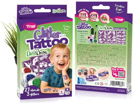 TyToo Set de tatouages à paillettes pour enfants - 27 pochoirs et 3 couleurs à paillettes - Doux pour la peau, imperméables et testés dermatologiquement - Kit de maquillage créatif pour anniversaire