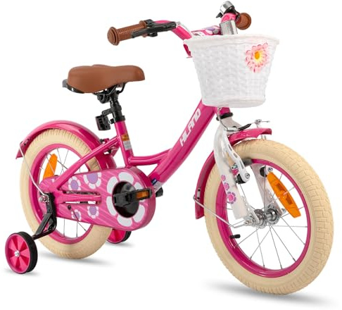 HILAND Kronblad 30 cm barncykel för flickor, med framhandbroms och fotbroms, flickcykel med stödhjul, barncykel med korg och stänkskydd, höghållfast stålram, rosa
