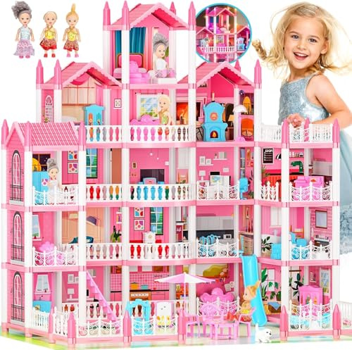 Casa de muñecas de 5 pisos de sueño para niñas con 19 habitaciones, luces, muñecas y muebles, gran casa de juegos DIY para niños de 3 a 16 años, perfecto regalo STEM imaginativo para Navidad (rosa)