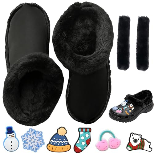 GWAWG Fleece Liners for Crocs with Shoelace Cover and 6 Christmas Charms, Removable Fuzzy Shoe Inserts, Warm Lining for Clogs, Boots, Shoes, Winter Insoles for Women Men (Black, 36-37)