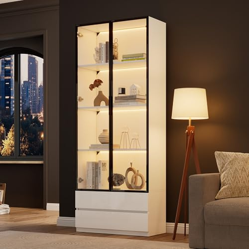 VIEKOS Vitrina, 80 x 34 x 200 cm, armario alto con luces LED, armario auxiliar para salón con 2 puertas, armarios de vitrina con 2 cajones, estantería, estantería, estante de exhibición, marco de